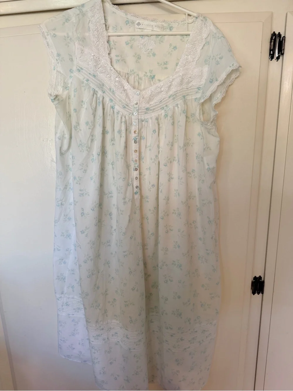 Eileen West Pale Blue Floral Cotton Nightgown with Lace Yoke